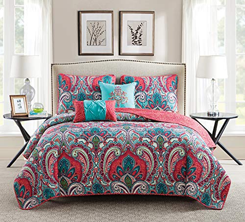 Book Cover VCNY Home | Casa Real Collection | Soft Microfiber Paisley Reversible Quilt Bedspread, Premium 5 Piece Bedding Set, Stylish Retro Design for Home DÃ©cor, Full/Queen, Pink/Turquoise