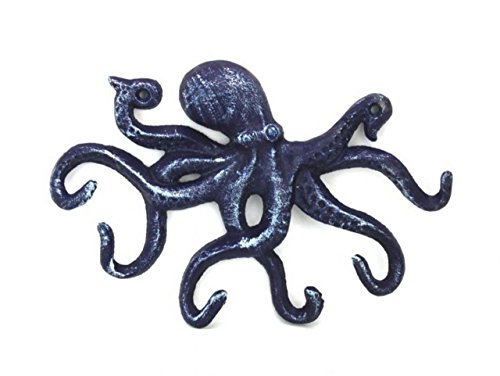 Hampton Nautical Rustic Dark Blue Octopus Hook 11" Decoration-Antique Vintage Cast Iron, Solid