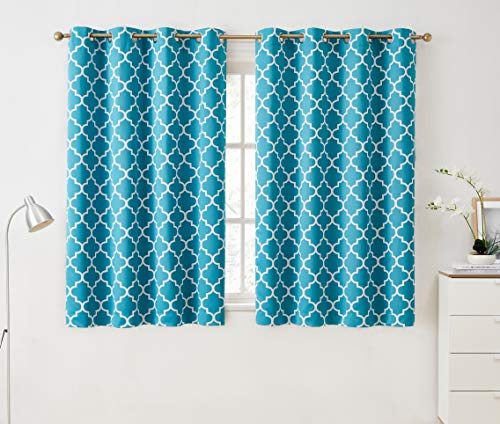 Book Cover HLC.ME Lattice Print Decorative Blackout Thermal Insulated Privacy Room Darkening Grommet Window Drapes Curtain Panels for Kitchen - Teal Blue - 52 W x 63 L - Set of 2 Panels