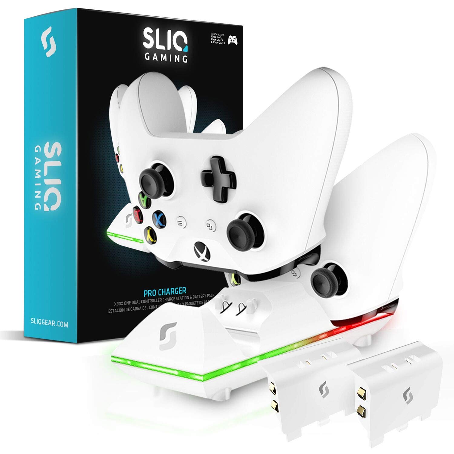 Sliq Xbox One Controller Charger Station and Battery Pack (White) - Fits Two Wireless Game pads, Includes 2 Rechargeable Batteries, Charge Dock & Stand - For Xbox One, Xbox One S, Xbox One X, PC