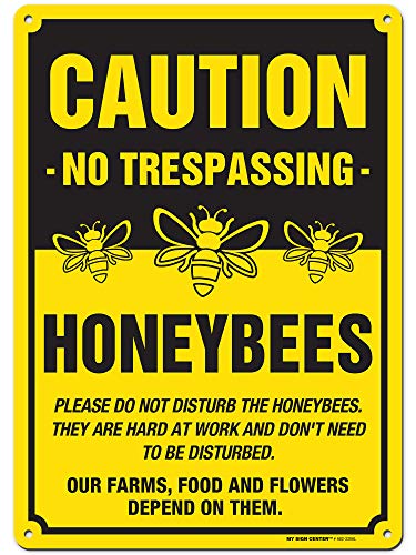 Caution No Trespassing Honeybees at Work Sign, Indoor/Outdoor Laminated Rust-Proof and Fade-Resistant .040 Aluminum, UV Protected and Weatherproof Beekeeping Signs, 14" x 10", Made in USA - By My Sign