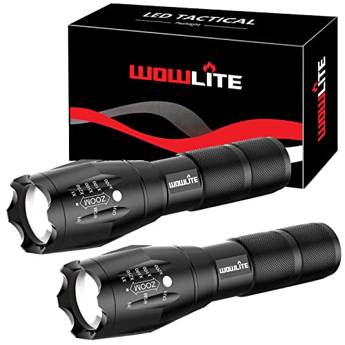 LED Flashlight, Wowlite XML T6 Tactical Flashlights High Lumens, Zoomable, 5 Modes, Water-Resistant Flash Light - Camping Accessories, Outdoor Gear, Emergency Flashlights (2 Pack)