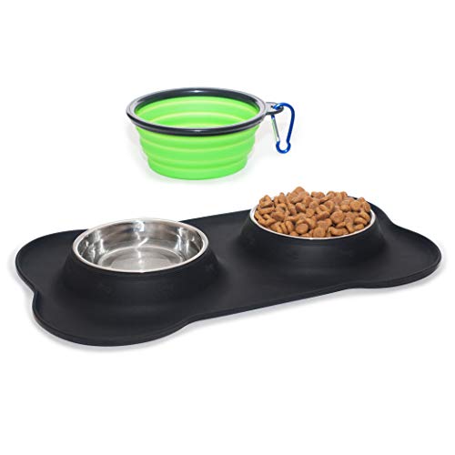 Book Cover Small Dog Bowls Set of 2 Stainless Steel Bowls with Non-Skid & No Spill Silicone Black Stand for Small Dogs Cats Puppy & Collapsible Travel Pet Bowl