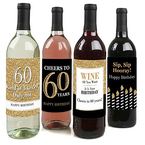 Adult 60th Birthday - Gold - Birthday Party Gift for Women and Men - Wine Bottle Label Stickers - Set of 4