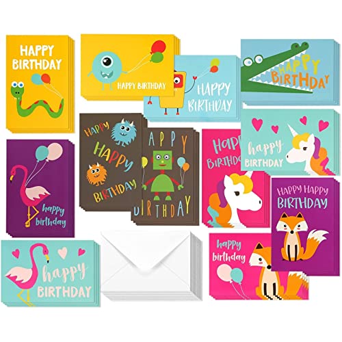 48 Pack Birthday Cards for Kids Children, Unicorn Flamingo Monster Bulk Assorted Box with Envelopes
