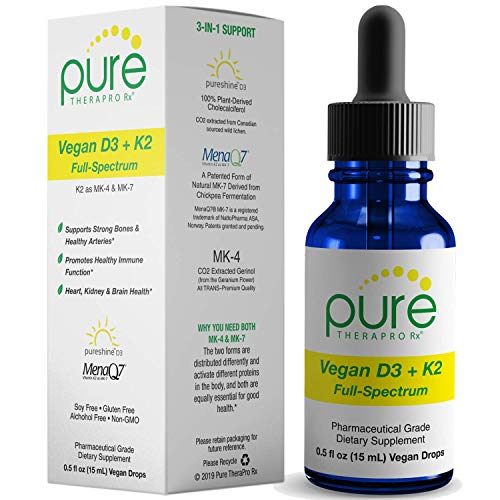 Vegan D3 + K2 "Full Spectrum" Drops for Best Absorption | 5 Drops Contain: 5,000iu VIT D3 "pureshine", 500mcg VIT K2 (MK4) & 180mcg VIT K2 (MK7) "MenaQ7" | Soy-Free, GF, Non-GMO, Tasteless & Odorless