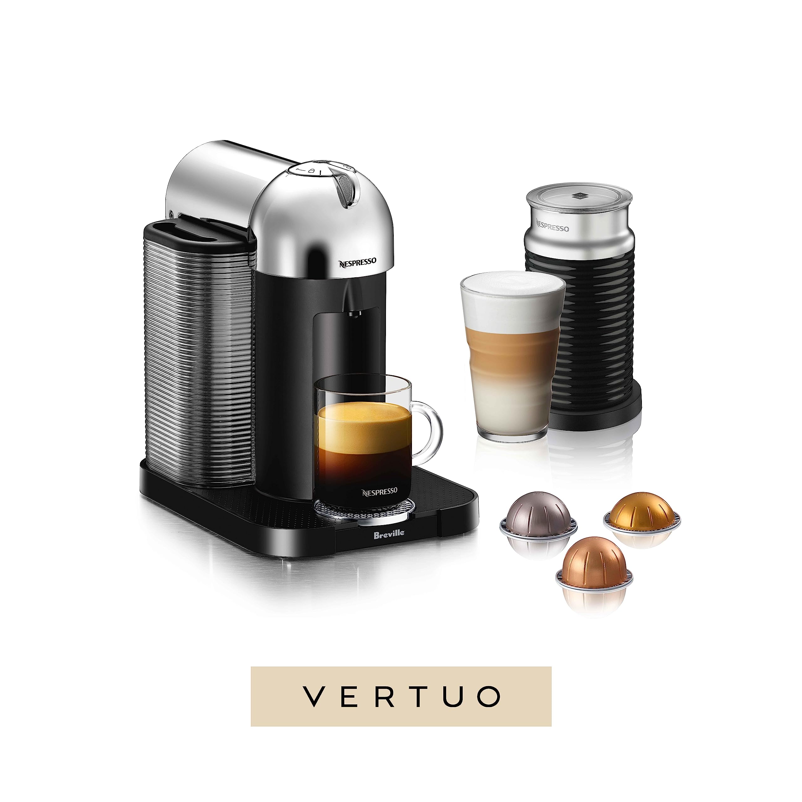 Nespresso Vertuo Coffee and Espresso Machine by Breville, 5 Cups, Chrome Chrome Machine + Aeroccino Machine
