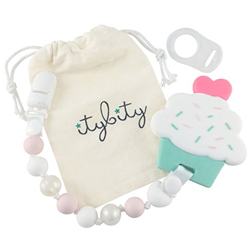 Cupcake Teething Toys with Pacifier Clip Girl, Baby Gift Set (Pink, Pearl)