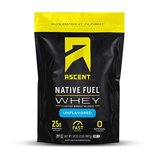 Ascent 100% Whey Protein Powder - Post Workout Whey Protein Isolate, Zero Artificial Flavors & Sweeteners, Gluten Free, 5.7g BCAA, 2.7g Leucine, Essential Amino Acids, Unflavored 2 lb
