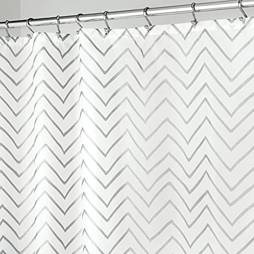 mDesign Long Decorative Metallic Pattern, Water Repellent, Fabric Shower Curtain for Bathroom Showers and Stalls, Machine Washable - Chevron Zig-Zag Print, 72" x 84" - White/Silver