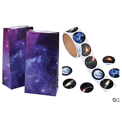 Just4fun 2 Dozen (24) OUTER Space Paper GOODY BAGS with 24 STICKERS - Seals - GALAXY Planets - Science SOLAR SYSTEM Classroom PARTY FAVORS