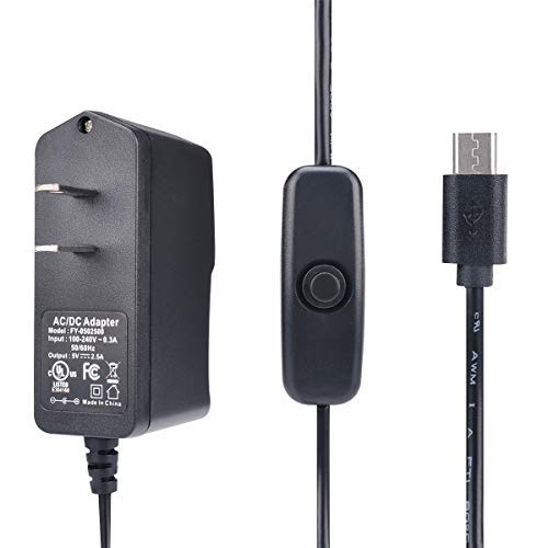 Enokay Power Supply for Raspberry Pi 2 3 b b+ 5V 2.5A Micro USB Charger Adapter with On Off Switch (UL Listed)