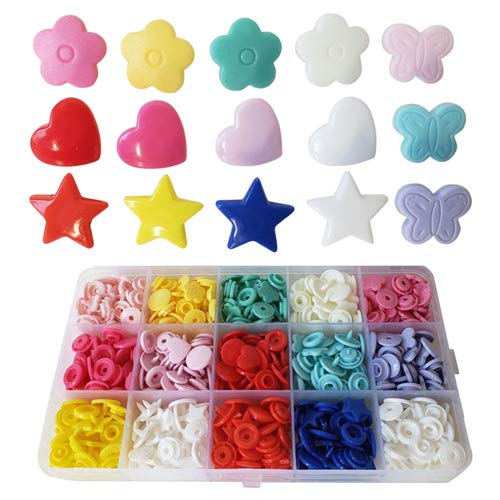 Shapes KAMsnaps 150 Sets Butterfly Star Heart Flower Size 20 (1/2 inch) Plastic KAM Snaps Button Fasteners Storage Container