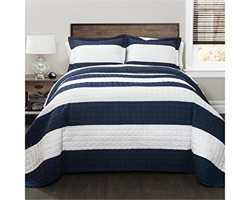 Book Cover Lush Decor New Berlin Quilt Striped Pattern 3 Piece Bedding Set, Full Queen, Navy and White