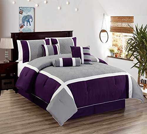 Book Cover All American Collection New 7 Piece Embroidered Over-Sized Comforter Set (Queen, Purple/Grey)