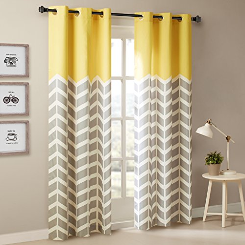 Book Cover Intelligent Design Yellow in Grey Chevron Printed Curtains for Living Room or Bedroom, Modern Contemporary Grommet Room Darkening Curtains, 42x84, 2-panel pack