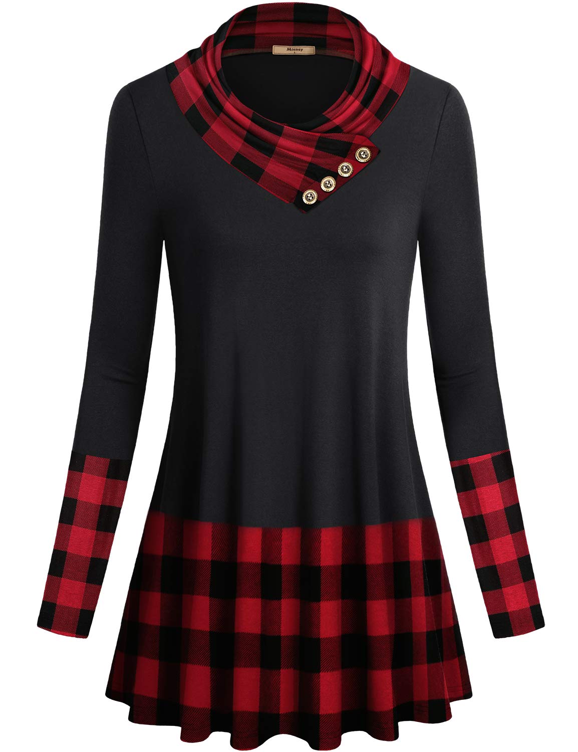 Miusey Women's Long Sleeve Cowl Neck Form Fitting Casual Tunic Top Blouse A Black Red Plaid Small