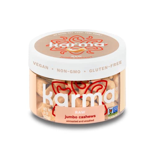 Karma Nuts Raw, Unsalted Whole Cashews | 8 oz Jar | Whole, Jumbo Cashews | Air Roasted, No Oil | Natural, Minimally Processed | Non-GMO, Gluten-Free, Vegan, Kosher | Rich in Antioxidants + Fiber