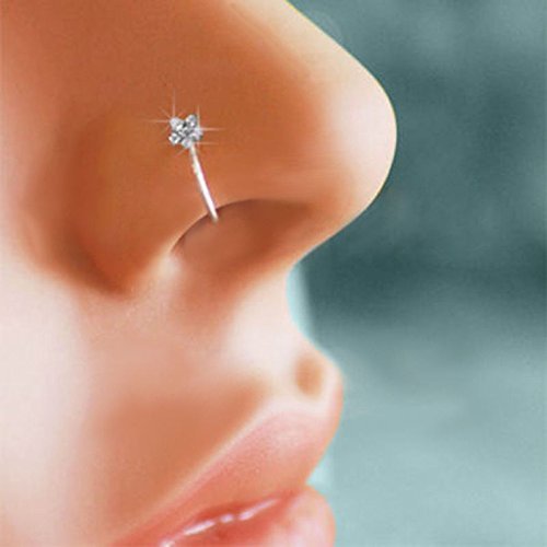 Greenchen Small Thin Flower Clear Crystal Nose Ring Stud Hoop-Sparkly Crystal Nose Ring