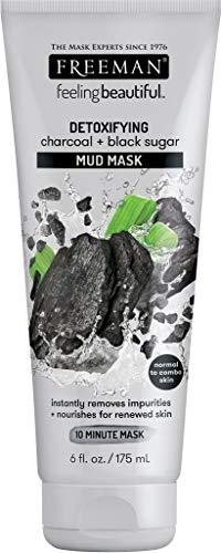 Book Cover Freeman Detoxifying Charcoal Mud Facial Mask, Hydrating and Oil Absorbing Beauty Face Mask with Black Sugar, 6 oz