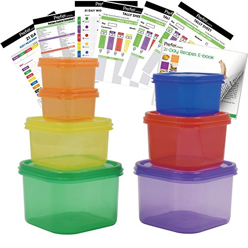 Book Cover Prefer Green 7 PCS Portion Control Containers Kit (with COMPLETE GUIDE & 21 DAY DAILY TRACKER & 21 DAY MEAL PLANNER & RECIPES PDFs),Label-Coded,Multi-Color-Coded System,Perfect Size for Lose Weight