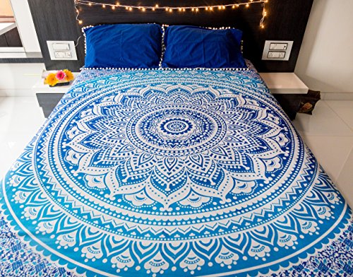 Book Cover Mandala Tapestry Bedding with Pillow Covers, Indian Bohemian Hippie Tapestry Wall Hanging, Hippy Blanket or Beach Throw, Ombre Mandala Bedspread for Bedroom, Queen Size Majestic Blue Boho Decor