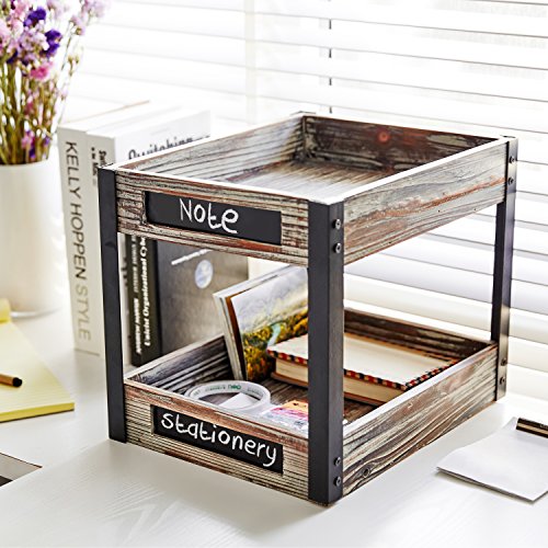 Book Cover 2 Tier Industrial Style Torched Wood Desktop Document Tray, Paper File Holder with Chalkboard Labels