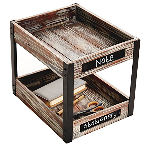 MyGift 2 Tier Torched Wood Desktop Document Letter Paper Tray with Metal Legs, Home Office Desk File Folder and Magazine Holder Rack with Chalkboard Labels