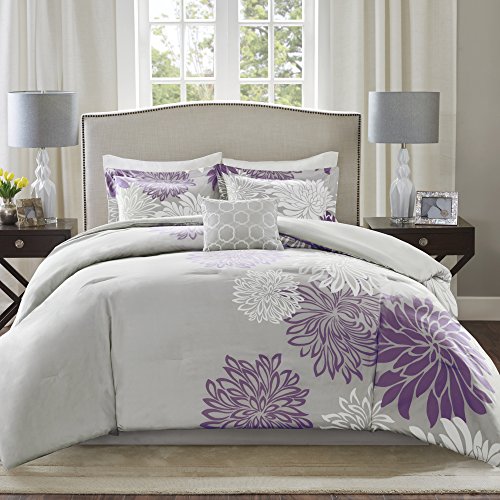 Book Cover Comfort Spaces - CS10-0024 Enya 5 Piece Comforter Set Ultra Soft Hypoallergenic Microfiber Floral Print Bedding, King, Purple/Grey