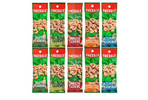 Book Cover Emerald Snacks Flavored Cashews Variety Bundle - Assortment Featuring Dill Pickle, Jalapeno, Salt & Pepper, Sriracha and Roasted & Salted