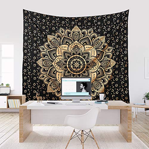Book Cover Madhu International Cotton Mandala Tapestry Psychedelic Floral Medallion Hippie Dorm Tapestries - Bohemian Wall Hanging For Living Room Home DÃ©cor, Beach Throw Queen Size (84x90 Inches, Black gold)