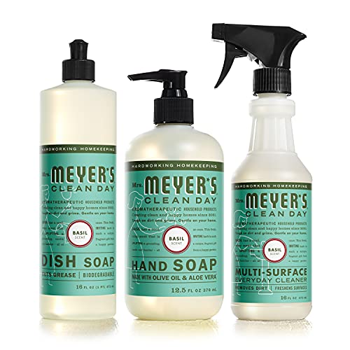 Book Cover Mrs. Meyer's Clean Day Kitchen Essentials Set, Includes: Hand Soap, Dish Soap, and Multi-Surface Cleaner, Basil Scent, 3 Count Pack