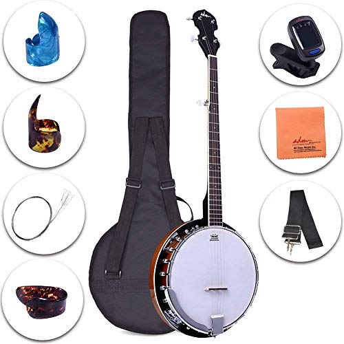 Book Cover ADM 5-String Banjo 24 Bracket with Closed Solid Wood Back and Geared 5th Tuner, Beginner Pack with Bag, Tuner, Strap, Picks and Strings