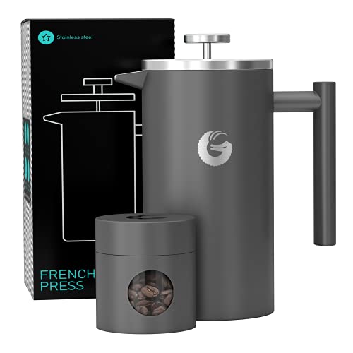 Book Cover Coffee Gator Cafetiere - French Press Coffee Maker - Large Capacity, Double-Wall Insulated Stainless Steel Brewer - Hotter for Longer â€“ Grey