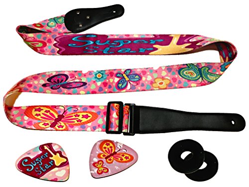 Book Cover Pink Guitar Strap Adjustable For Kids & Girls Bundle Includes 2 Strap Locks & 2 Matching Picks Stocking Stuffer For Electric & Acoustic First Act Discovery & Guitar Lovers . Best Guitar Christmas Gift
