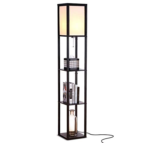 Brightech Maxwell - Modern LED Shelf Floor Lamp - Skinny End Table and Nightstand for Bedroom - Combo Narrow Side Table with Standing Accent Light Attached - Asian Tower Book Shelves - Black