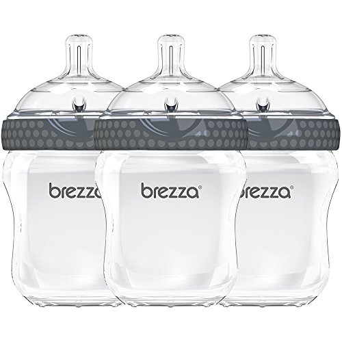 Baby Brezza Two Piece Natural Baby Bottle with Lid - Ergonomic, Wide Neck Design Makes it The Easiest to Clean - Modern Look - Anti-Colic - BPA Free Plastic - Grey - 9 Ounce - 3 Bottles