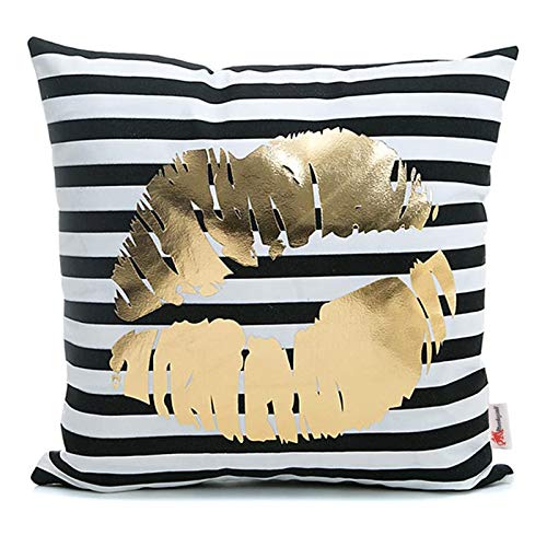 Book Cover Monkeysell Bronzing Flannelette Home Throw Pillow Cover Lips Love Black Striped White Print Gold Black Room Decor Throw Pillows Cover for Couch Bed Sofa Christmas Gift18 inches