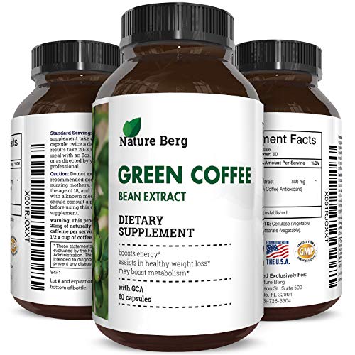 Natural Raw Green Coffee Bean Extract - Extra Strength Pure Premium Antioxidant Beans - 800 mg Max Fat Burner Supplement Super Cleanse Pills for Weight Loss Benefits Reviews - Nature Berg