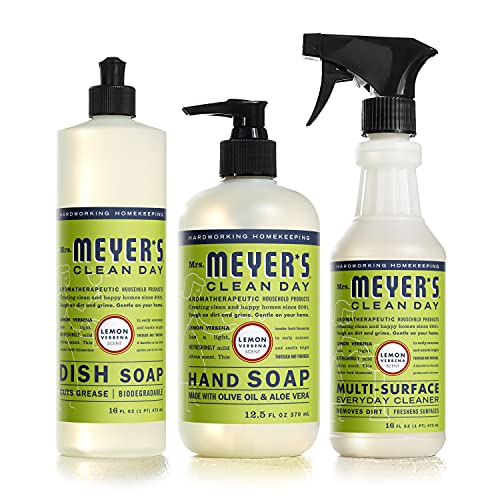Book Cover Mrs. Meyer's Clean Day Kitchen Essentials Set, Includes: Hand Soap, Dish Soap, and Multi-Surface Cleaner, Lemon Verbena Scent, 3 Count Pack