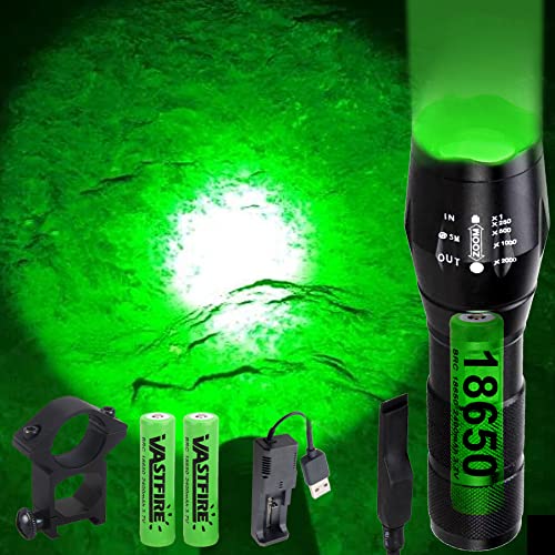 VASTFIRE Adjustable Green Flashlight 350 Yards Hunting Light Long Range Predator Light with Remote Pressure Switch, 18650 Batteries, USB Charger and Pic Rail Mount for Rifle Bow Deer Hogs Night Hunt