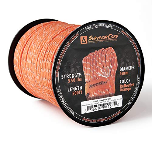 620 LB SurvivorCord - The Original Patented Type III Military 550 Parachute Cord with Integrated Fishing Line, Multi-Purpose Wire, and Waterproof Fire Starter. 100 FEET, Reflective-Orange Paracord