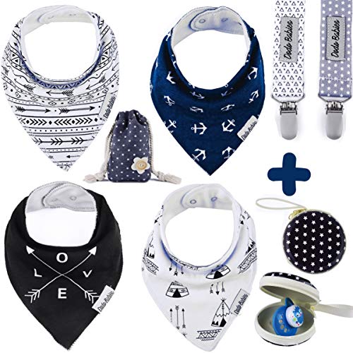 Dodo Babies Bandana Bibs for Baby Boy & Girl - Set Includes 2 Pacifier Clips & Pacifier Case in a Gift Bag - Drool & Teething Baby Bibs with Snap Back - Newborn Infant to 12+ months - Baby Shower Gift