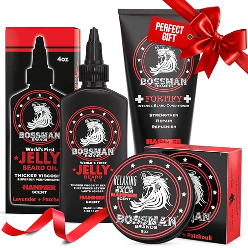 Bossman Essentials Beard Kit - Made in USA - Jelly Beard Oil - Conditioner - Beard Balm - Natural Ingredients (Hammer Scent)