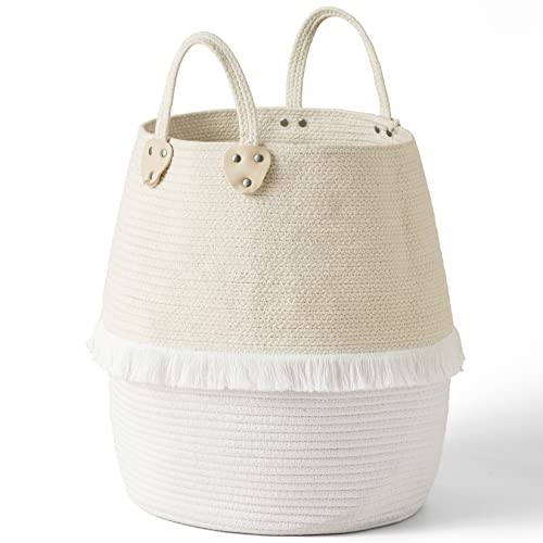LA JOLIE MUSE Rope Basket Woven Storage Basket - Laundry Basket Large 16 x 15 x 12 Inches Cotton Blanket Organizer, Baby Nursery Containers White Home Decor Gift