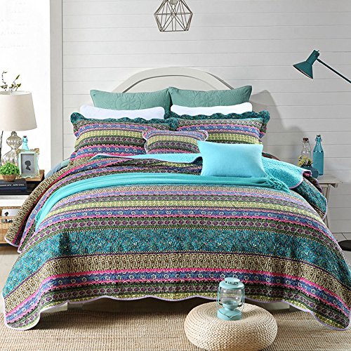 Book Cover NEWLAKE Striped Jacquard Style Cotton 3-Piece Patchwork Bedspread Quilt Sets, Queen Size