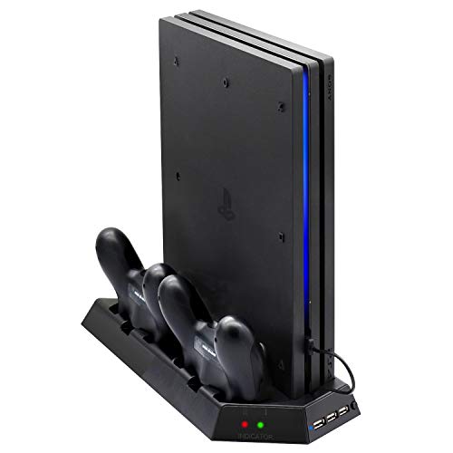 Book Cover Vertical Stand for PS4 Pro with Cooling Fan, FastSnail Controller Charging Station for Playstation 4 Pro, Charger for DualShock 4 Controllers with LED Charging Indicator
