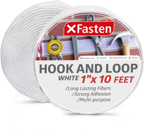XFasten Adhesive Hook and Loop, White, 1-Inch x 10-Foot Sticky Back Double-Sided Hook Loop Tape for Textile, Tools, Gardening Beds