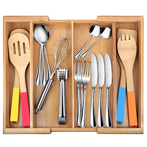 Book Cover Drawer Dividers silverware tray Expandable Utensil Cutlery Tray Bamboo Wooden Adjustable 4 Compartments Flatware Organizer Kitchen Storage Holder for Knives Forks Spoons Accessories Gadgets