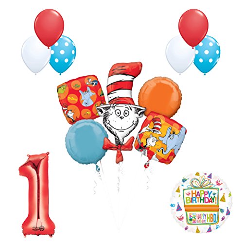Book Cover Mayflower Products 13 pc Dr Seuss Cat in The Hat 1st Birthday Party Balloon Supplies and Decorations